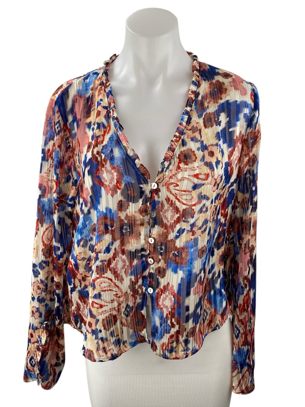 ZARA Women's Multicolor Floral Long Sleeve V Neck Button Down Shirt Blouse Top M